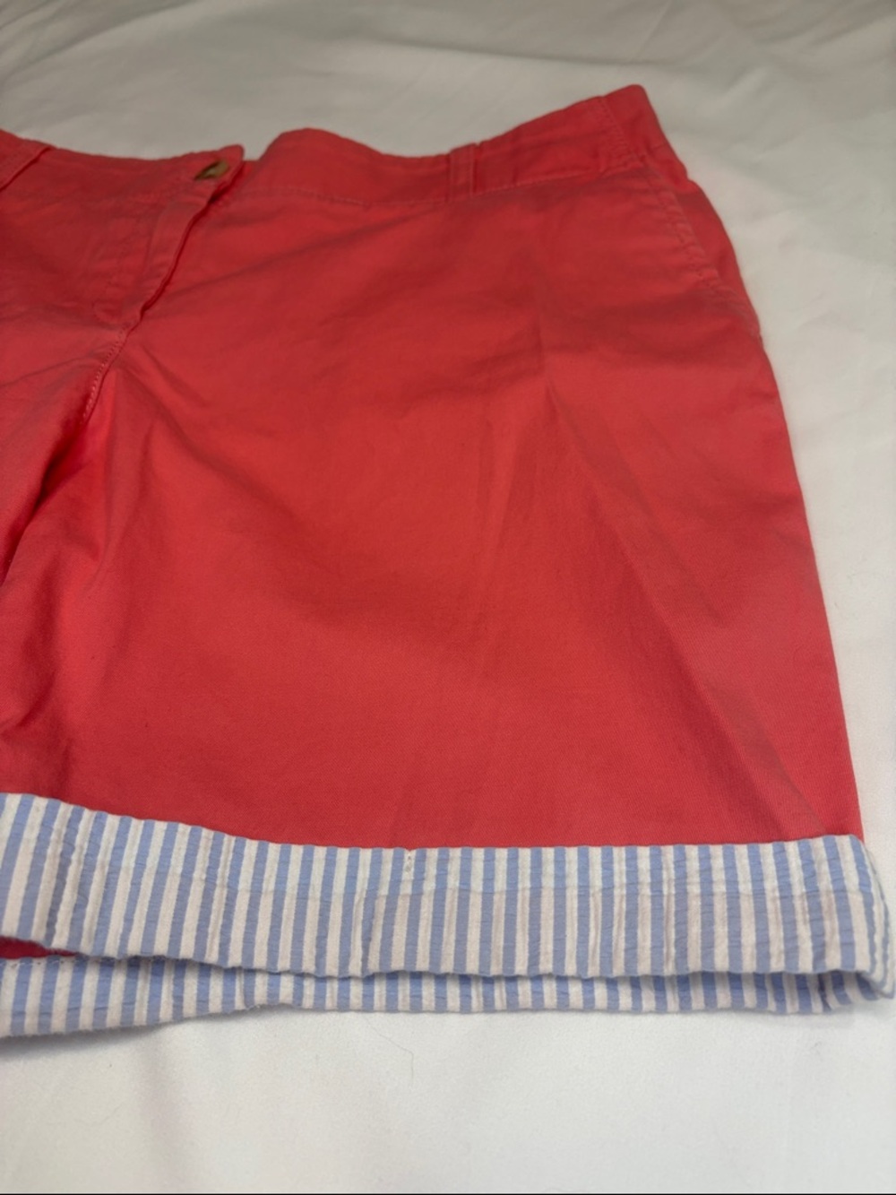 Talbots 7” Inseam Salmon Pink Summer Shorts Seersucker Stripe Trim Coastal Girly